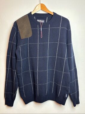 Barbour Men’s Medium Navy 100% Wool Crewneck Windowpane Sweater Shoulder Patch